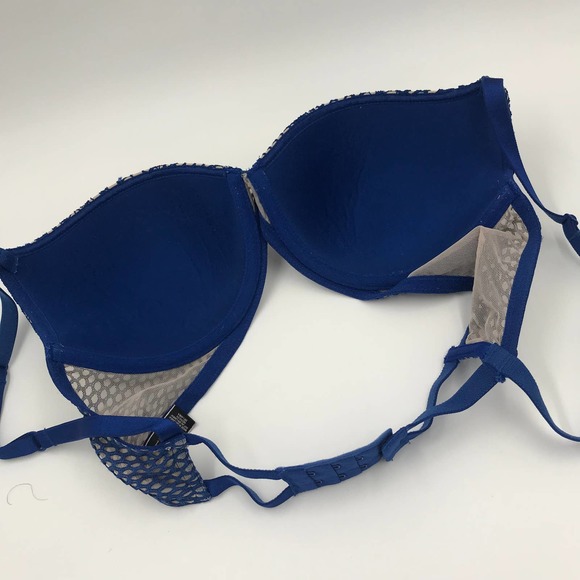 Victorias Secret Very Sexy Lightly Lined Plunge Bra Beige Blue Lace Sz 34D Wired - Picture 3 of 12